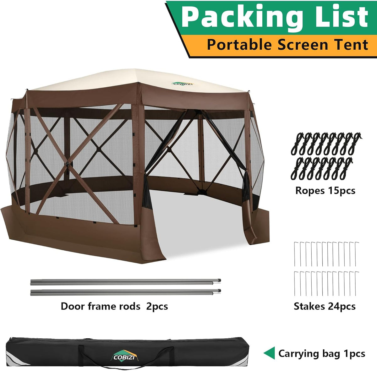 COBIZI 15x15FT Pop Up Gazebo Screen Tent Screen House for Camping, Screen Room with Mosquito Netting, Hub Tent Instant Screened Canopy with Carrying Bag and Ground Stakes, Brown