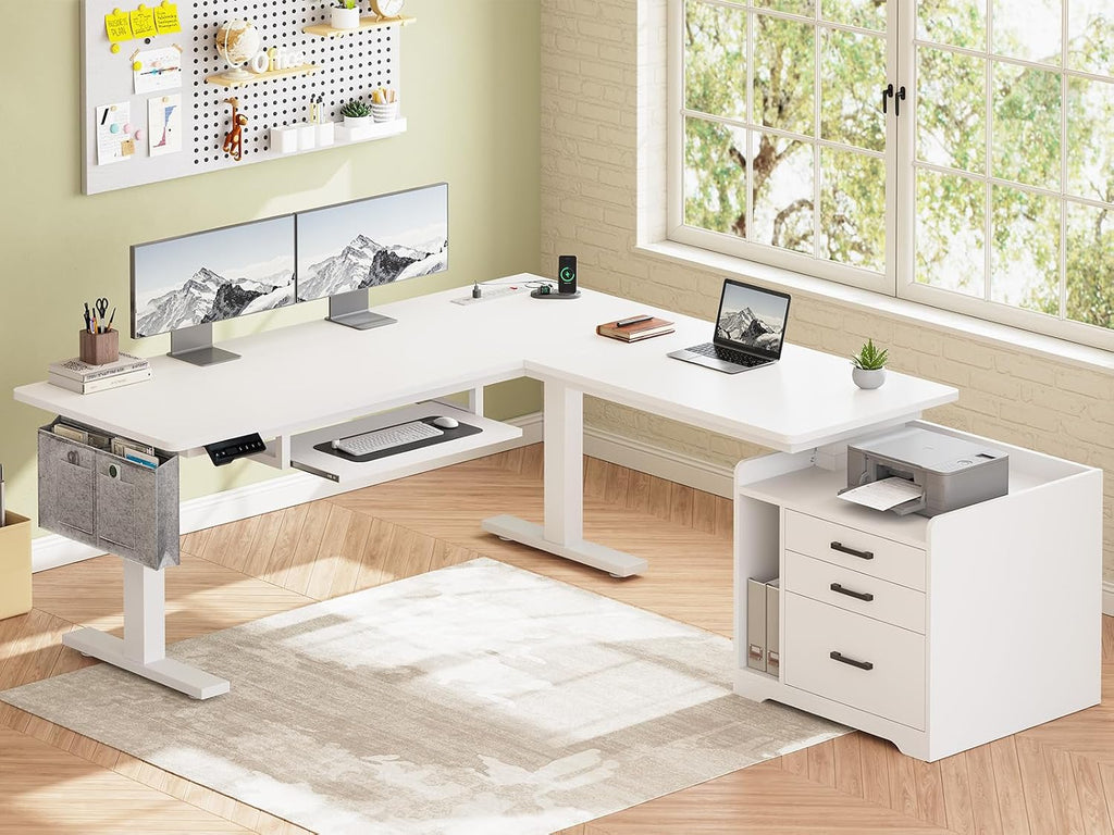 SEDETA L Shaped Electric Standing Desk with File Cabinet, 63 x 53'' Height Adjustable Home Office Computer Desk with Drawers, Power Outlet, Stand up Gaming Table with Led Lights, Keyboard Tray, White