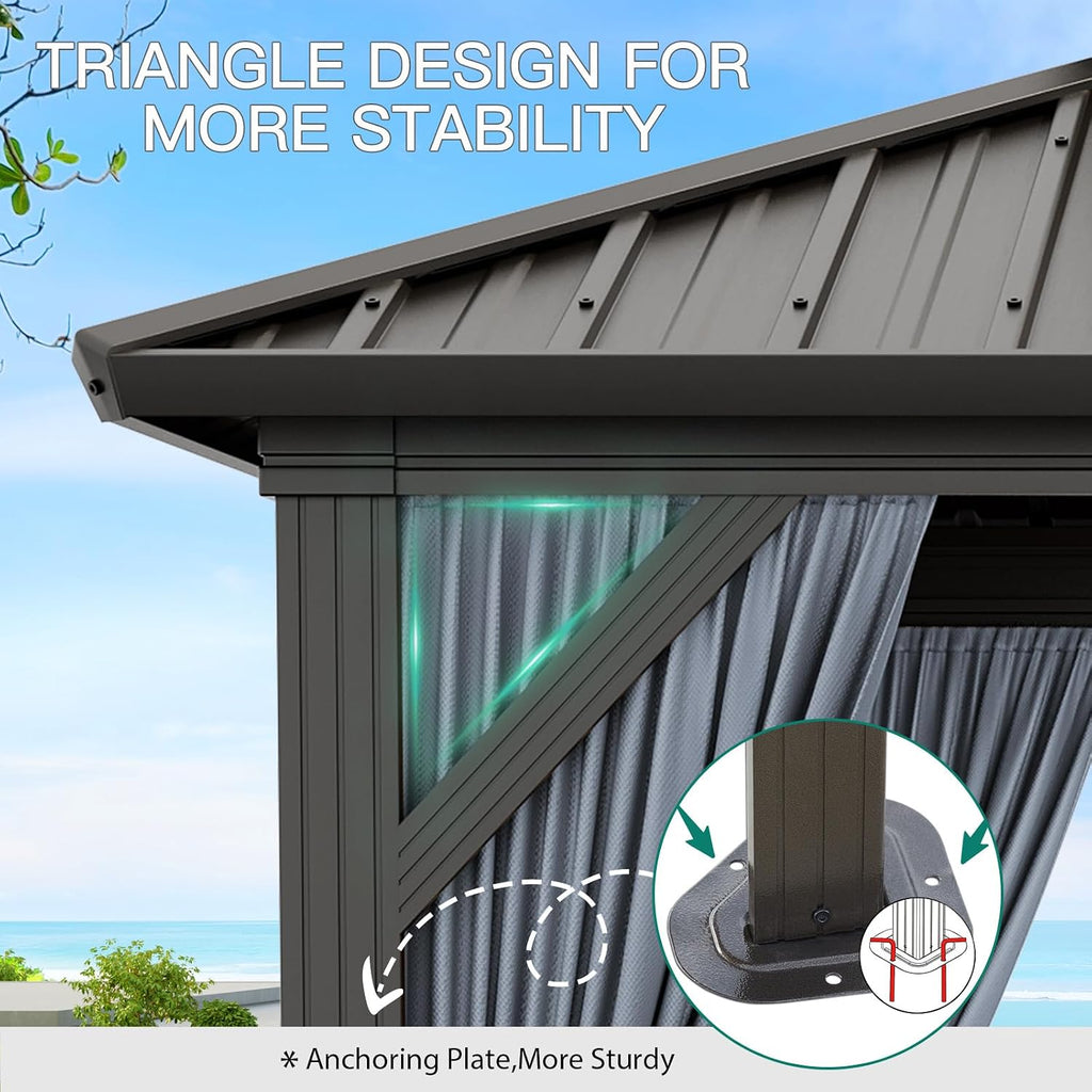 GarveeLife 10x10 ft Double Roof Hardtop Gazebo, Heavy Duty Galvanised Steel Hardtop Pavilion with Nettings and Curtains, Aluminum Gazebo for Patio, Terrace, Lawn and Deck, Grey