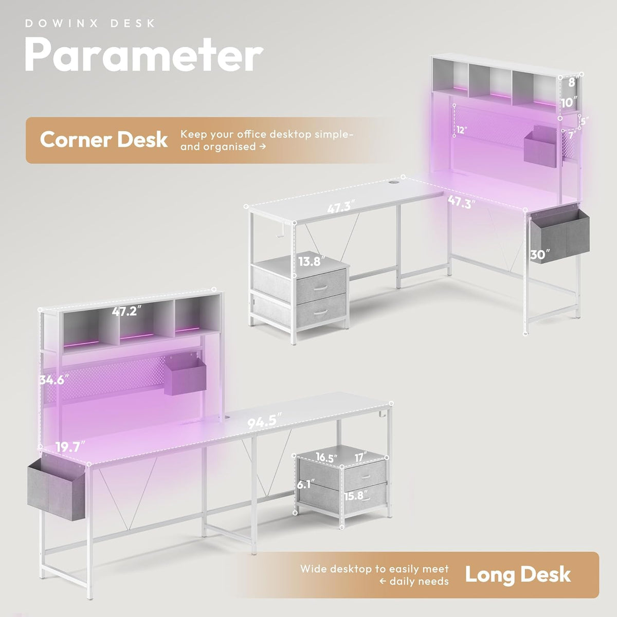 Dowinx 67' L-Shaped Gaming Desk with Pegboard & Drawers, Reversible Computer Desk with RGB Lights & Power Outlets, Corner Workstation with Storage & Hutch for Home Office & Gaming White