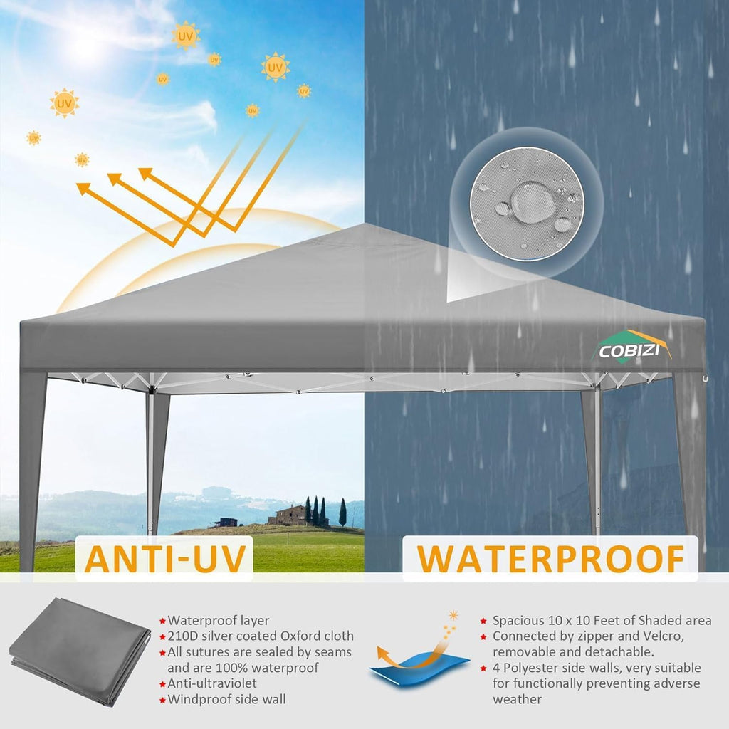 COBIZI 10x10 Pop Up Canopy Tent with 4 Sidewalls Party Tents Waterproof UPF 50+ Commercial Instant Outdoor Events Tent for Parties Markets Backyard, Ropes（10 x 10 ft Gray