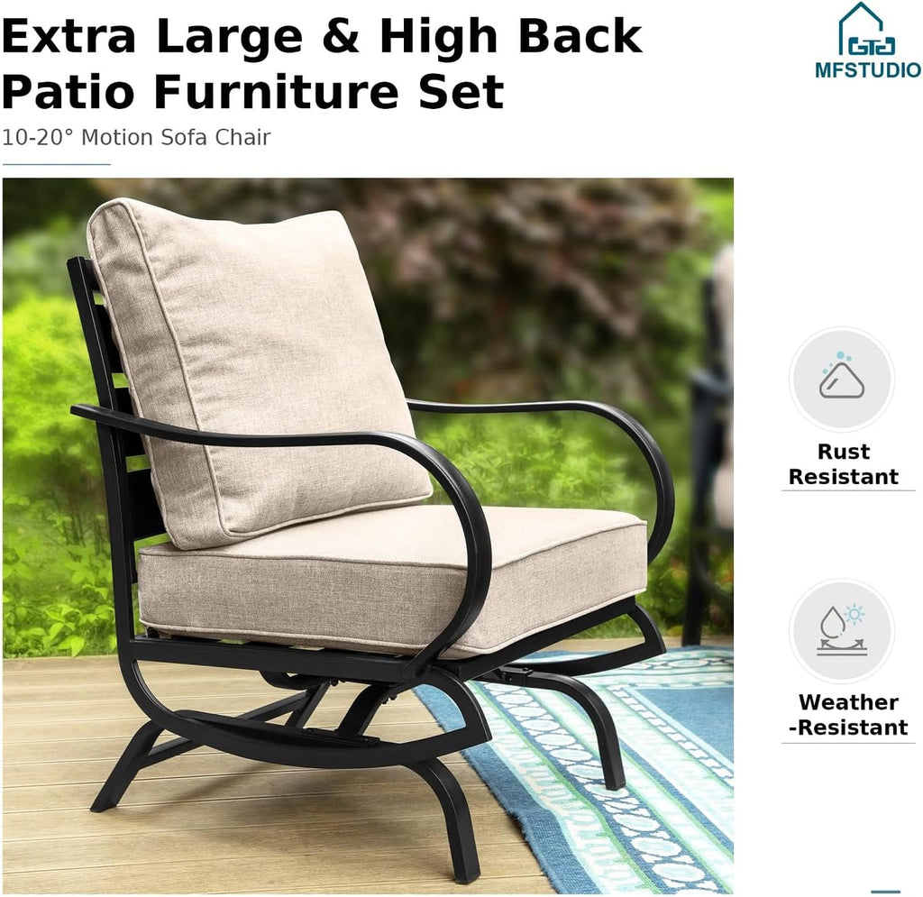MFSTUDIO 5 Pieces Patio Conversation Sets, Outdoor Metal Furniture Sofas with 1 x 28 50,000 BTU Square Propane Fire Table and 4 x Wrought Iron Frame Rocking Chairs with Beige Cushion