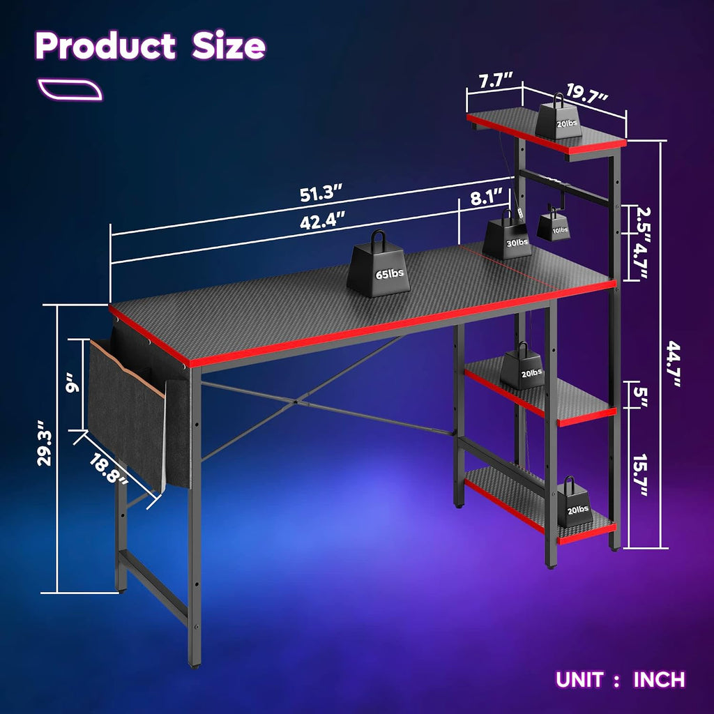 Bestier Gaming Desk with LED Lights, 51.3 Inch Computer Desk with 4 Tiers Reversible Shelves, Gamer Desk with Side Storage Bag, Hooks and Height Adjustable Shelf (Black Carbon Fiber)