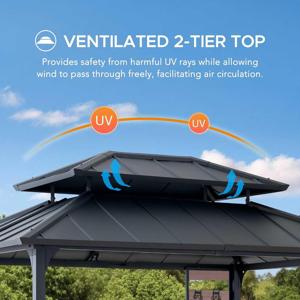 Sunjoy 7 x 9 ft. Grill Gazebo, 2-Tier Hardtop Gazebo Pergola with Ceiling Hooks and Storage Shelves, Matte Black