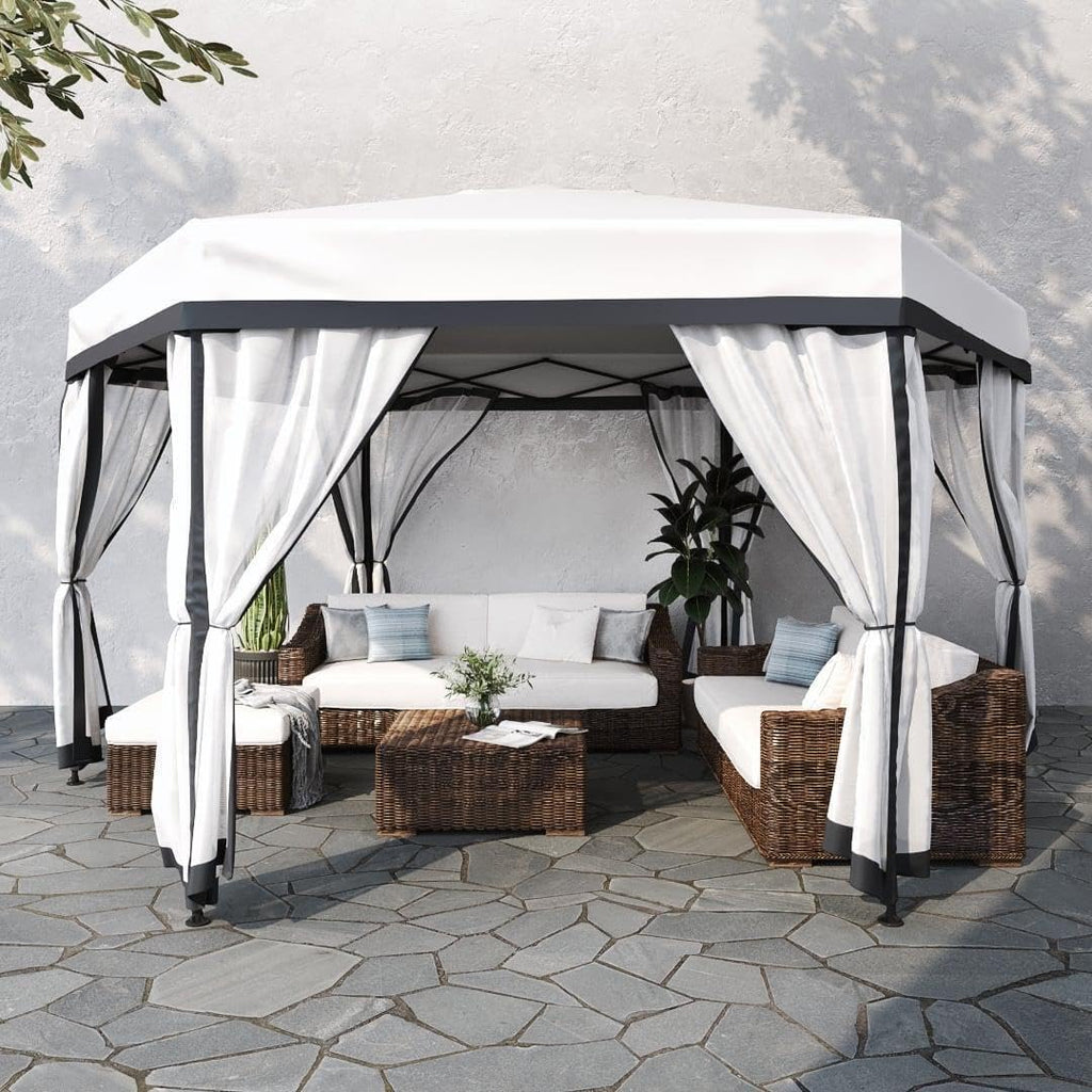 SUNJOY 11x11 ft. Pop Up Gazebo, 2-Tone Portable Canopy/Tent, Outdoor Hexagon Steel Frame Soft Top Gazebo with Mesh Sidewalls and Carry Bag, White & Black