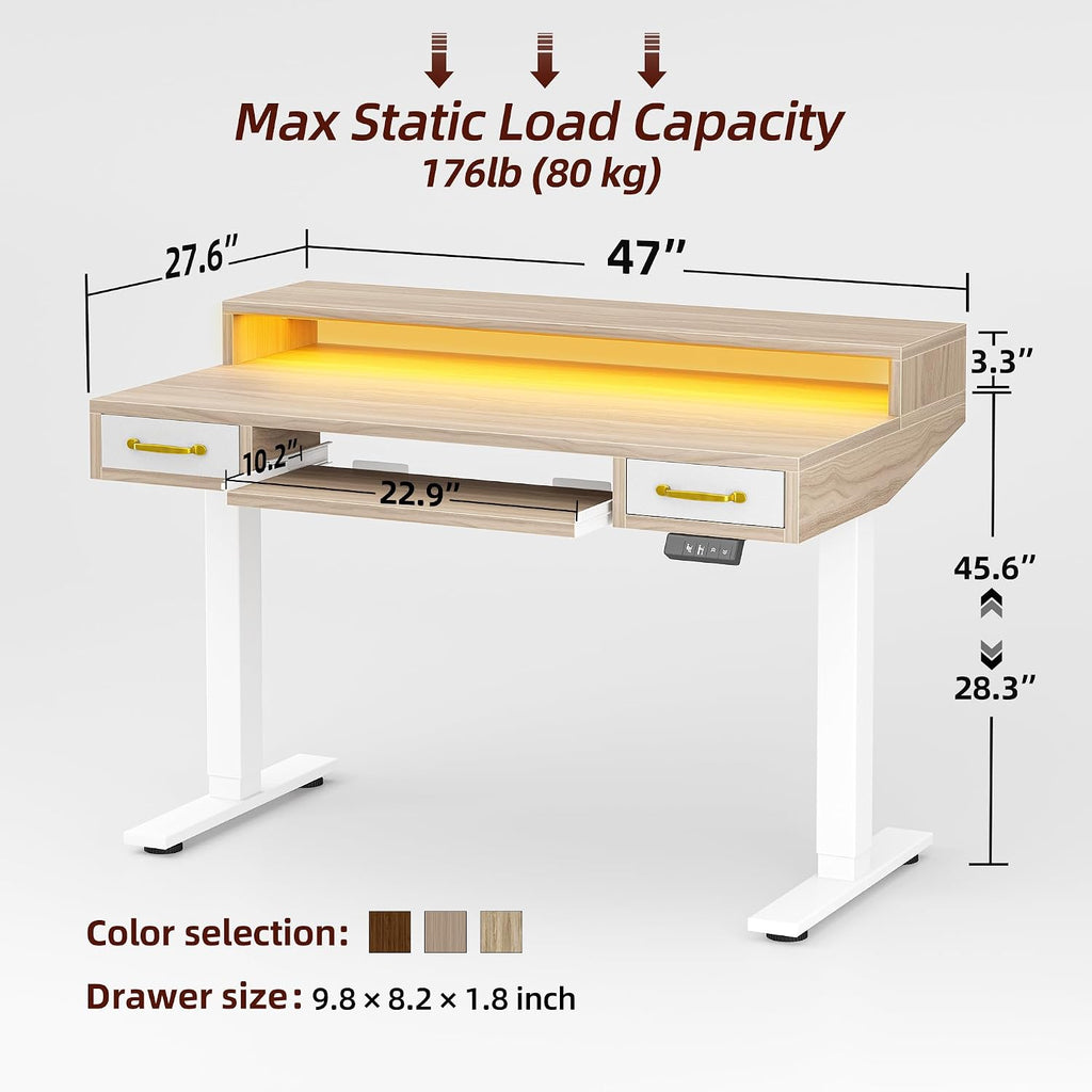 TIQLAB Standing Desk with Two Drawers, Stand Up Standing Desk Adjustable Height, Electric Sit Stand Table with Storage Shelf and Splice Board, with LED Light, 47 * 28 inch, Light Walnut