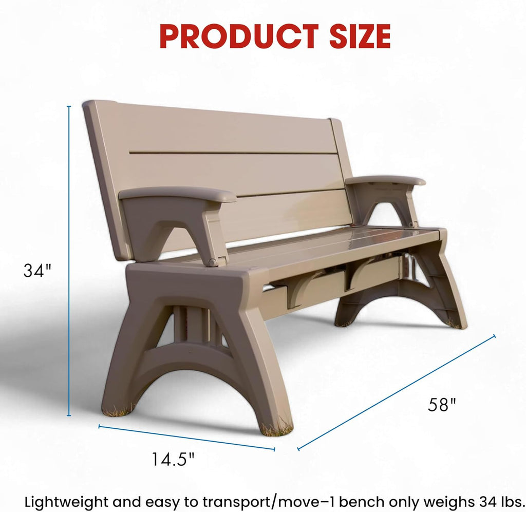 Convert-a-Bench Gen 2 2-in-1 Outdoor Convertible Bench to Picnic Table | Space-Saving, Weather-Resistant Patio Furniture for Yard, Deck, Garden | Easy Assembly & Durable - 1 Bench/Order, Adobe