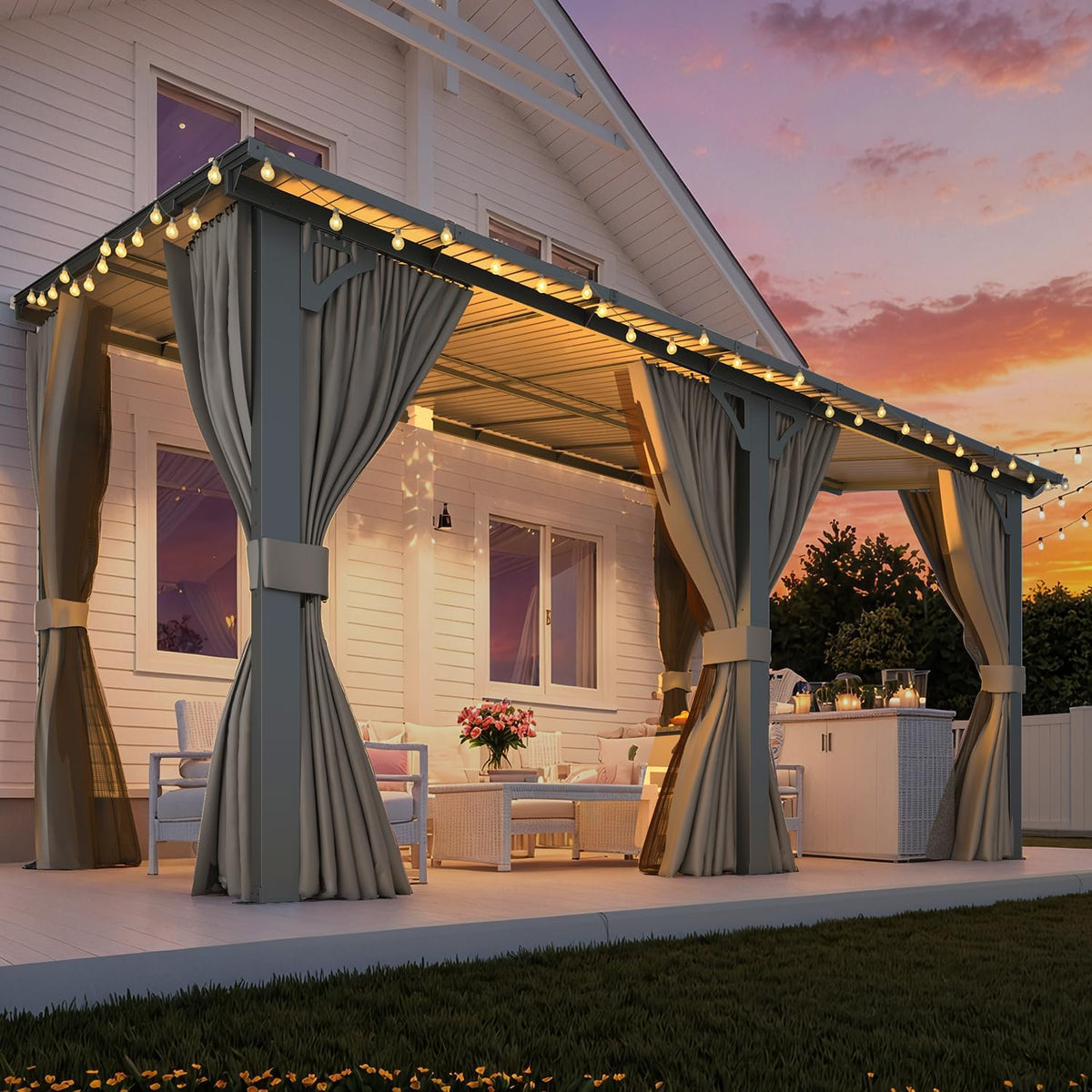 AECOJOY 14' x 8' Outdoor Gazebo, Hardtop Pergola Lean to 8x14 Gazebo with Curtains and Netting, Pergolas and Gazebos Clearance with Patio Roof, Large Wall-Mounted Heavy Duty Awnings for Patio, Decks