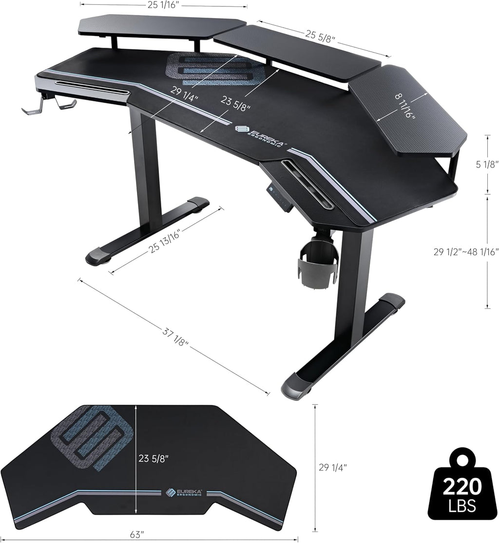 EUREKA ERGONOMIC Gaming Desk Adjustable Height Standing Desk 63' Wing Shaped Music Studio Table Workstation w Full Coverage Mousepad, 3 Stands, Dual Headphone/Cup Holder, Ipad-Slot