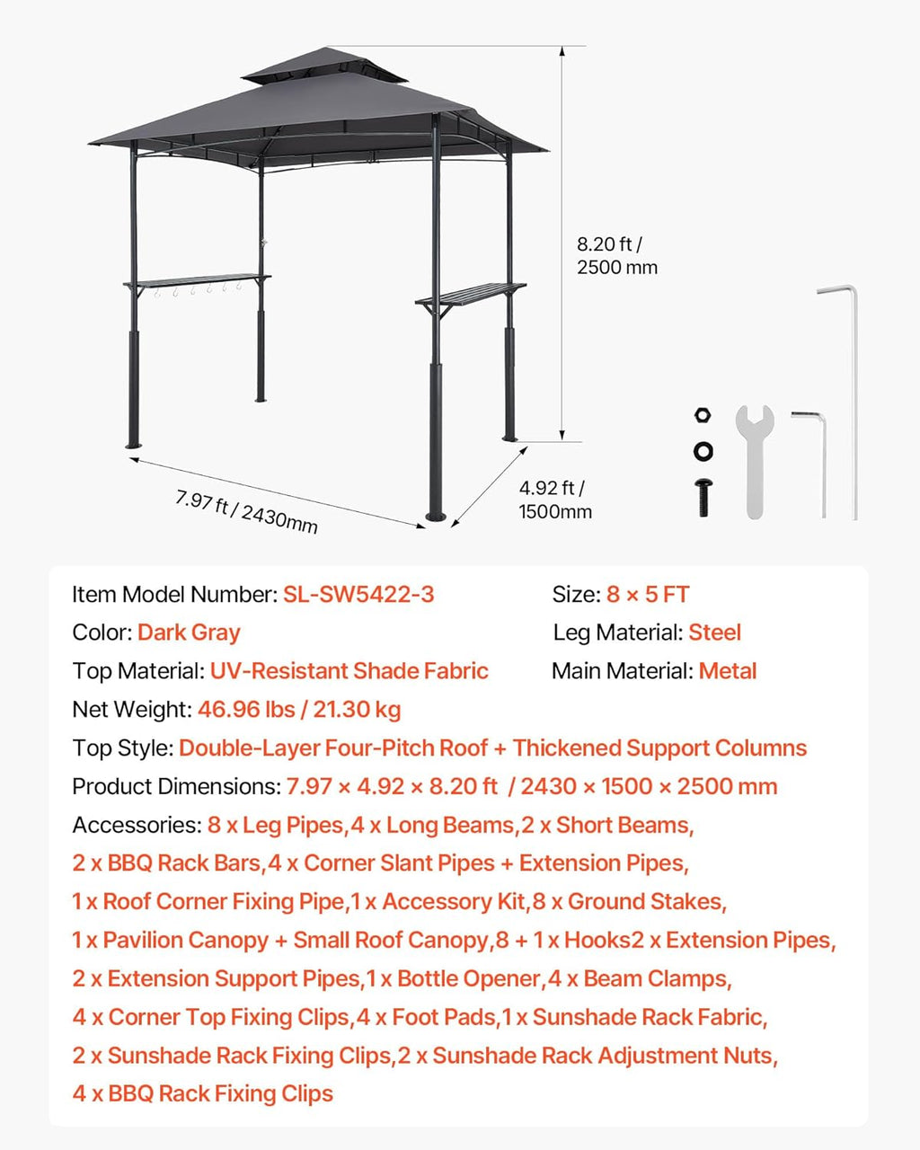 VEVOR Grill Gazebo, 8 x 5 ft Reinforced Outdoor BBQ Gazebo with Double-Tiered Roof, Powder-Coated Steel Patio Grill Shelter with 2 Side Shelves & 8 Hooks, Grilling Canopy for Patio Backyard Garden