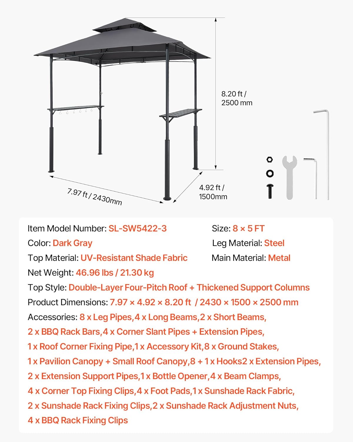 VEVOR Grill Gazebo, 8 x 5 ft Reinforced Outdoor BBQ Gazebo with Double-Tiered Roof, Powder-Coated Steel Patio Grill Shelter with 2 Side Shelves & 8 Hooks, Grilling Canopy for Patio Backyard Garden