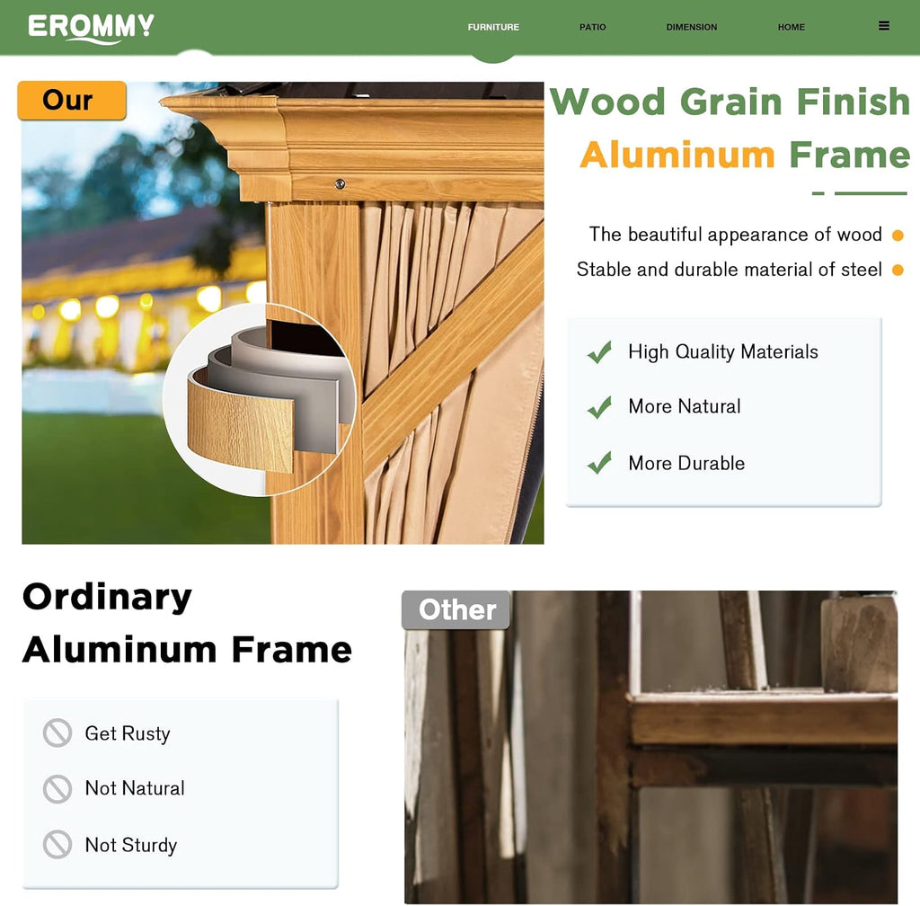 EROMMY 12' x 14' Gazebo, Wooden Finish Coated Aluminum Frame Canopy with Double Galvanized Steel Hardtop Roof, Outdoor Permanent Metal Pavilion with Curtains and Nettings for Patio, Backyard and Deck