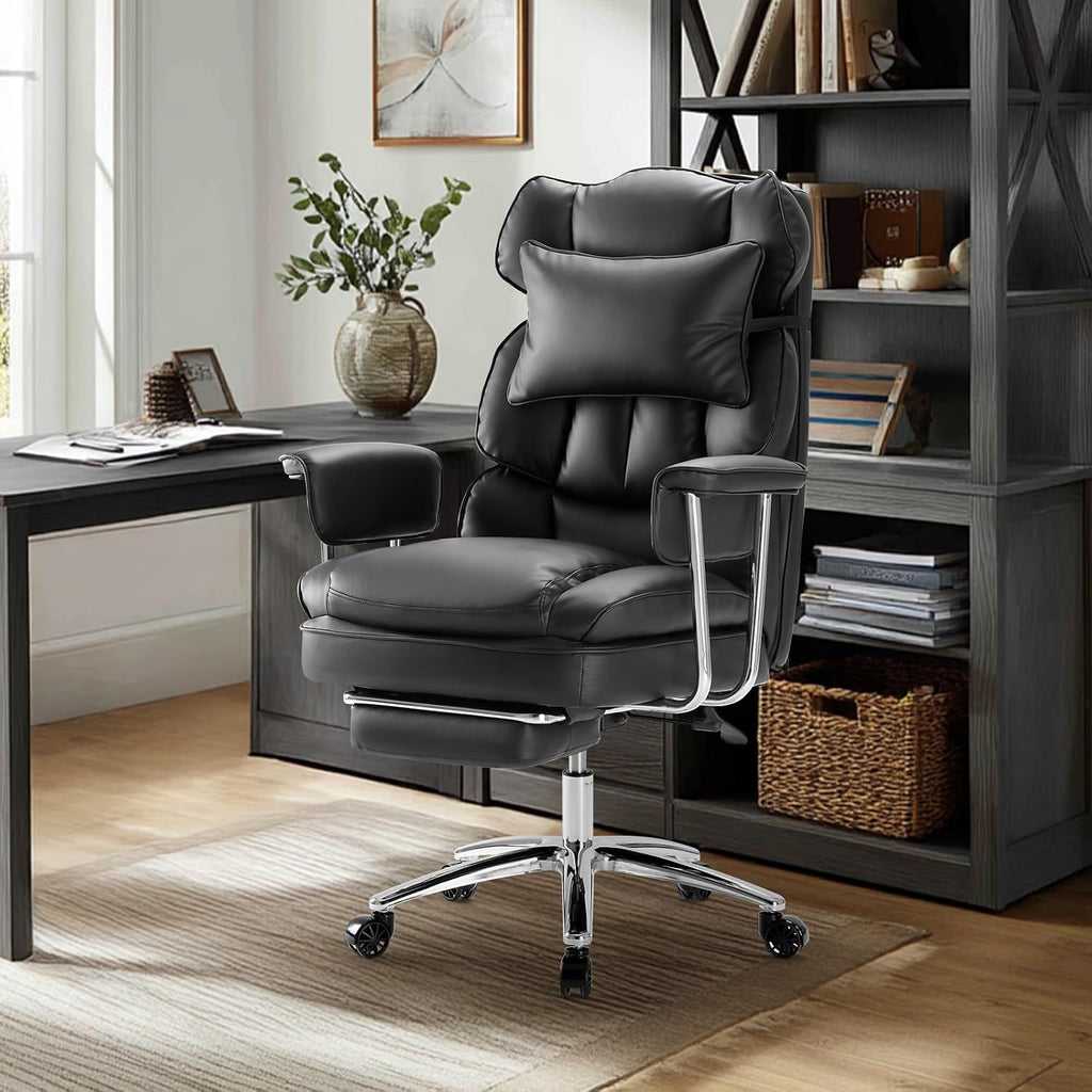 Sweetcrispy Executive Home Office Desk Chair - Ergonomic Big Tall High Back with Footrest & Lumbar Support, Reclining Height Adjustable, Comfy PU Leather Computer Gaming with Swivel Wheels, Black