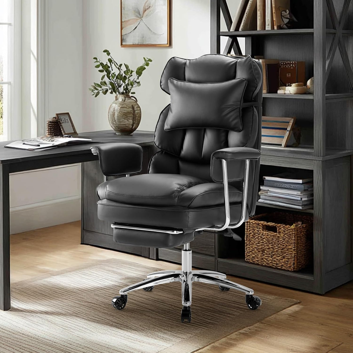Sweetcrispy Executive Home Office Desk Chair - Ergonomic Big Tall High Back with Footrest & Lumbar Support, Reclining Height Adjustable, Comfy PU Leather Computer Gaming with Swivel Wheels, Black