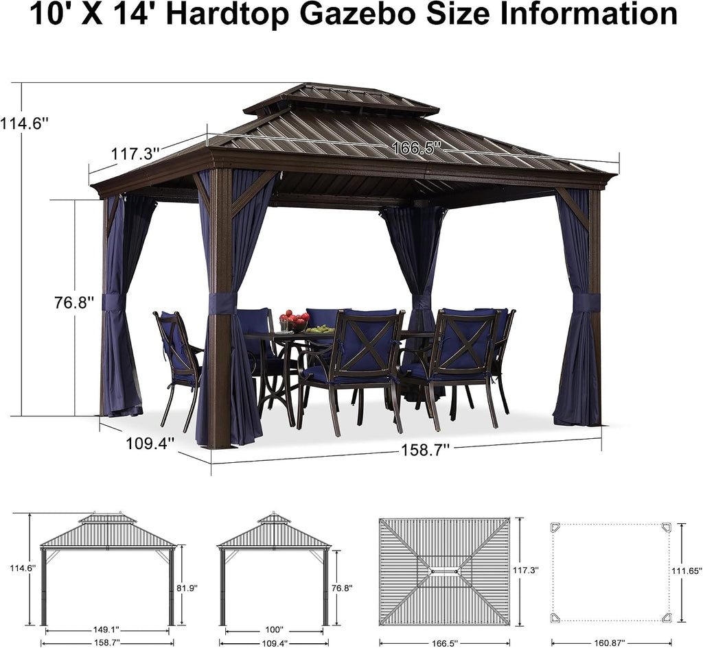 PURPLE LEAF 10' X 14' Permanent Hardtop Gazebo for Patio with Netting and Curtains Deck Backyard Heavy Duty Sunshade Metal Roof All Weather Outdoor Pavilion Canopy