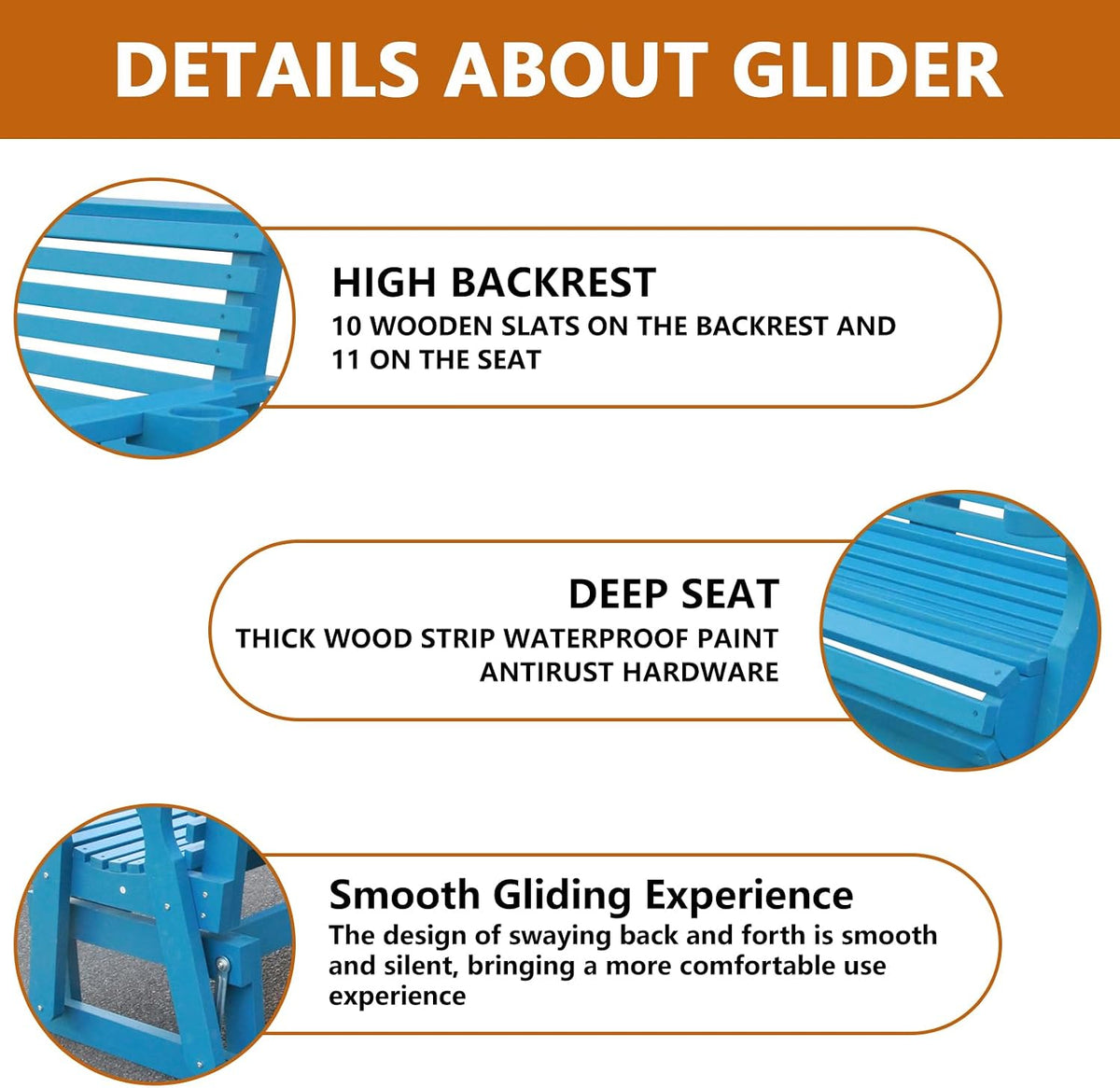 3-Seater Outdoor Glider Chair, 5FT Wood Porch Glider with High Roll Back, Cupholders and Deep Contoured for Porch, Garden, Blue