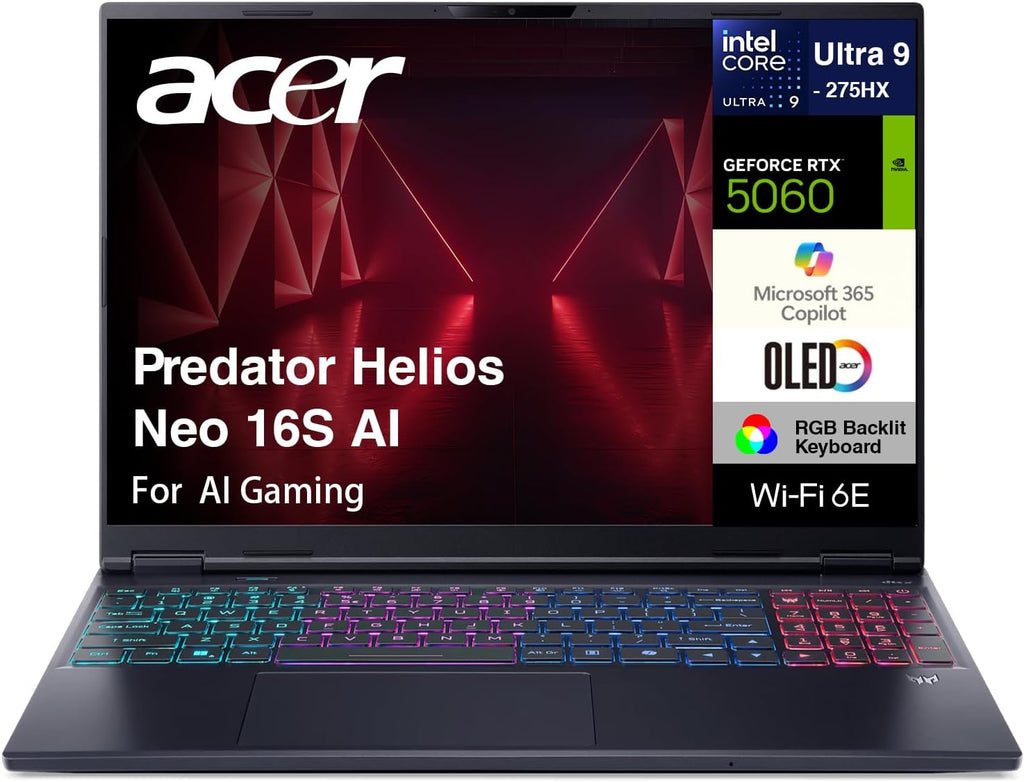 acer Predator Helios Neo 16S AI AI Gaming Laptop 16.0' WQXGA (Intel Ultra 9-275HX, GeForce RTX 5060 8GB, 16GB DDR5, 8TB PCIe SSD, Win 11 Home) w/MS 365 Personal, DKZ USB Port Expander