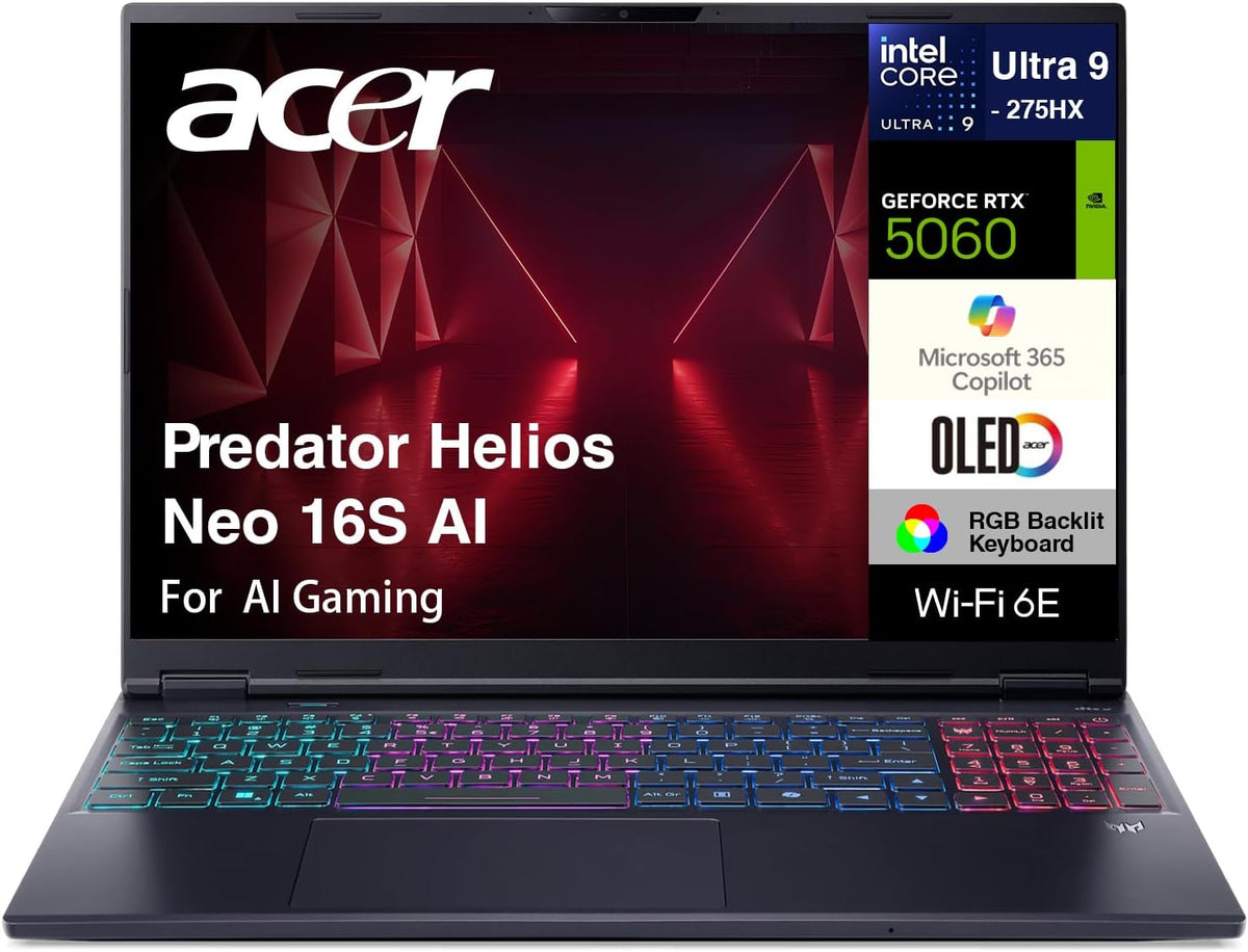 acer Predator Helios Neo 16S AI AI Gaming Laptop 16.0' WQXGA (Intel Ultra 9-275HX, GeForce RTX 5060 8GB, 32GB DDR5, 8TB PCIe SSD, Win 11 Home) w/MS 365 Personal, DKZ USB Port Expander