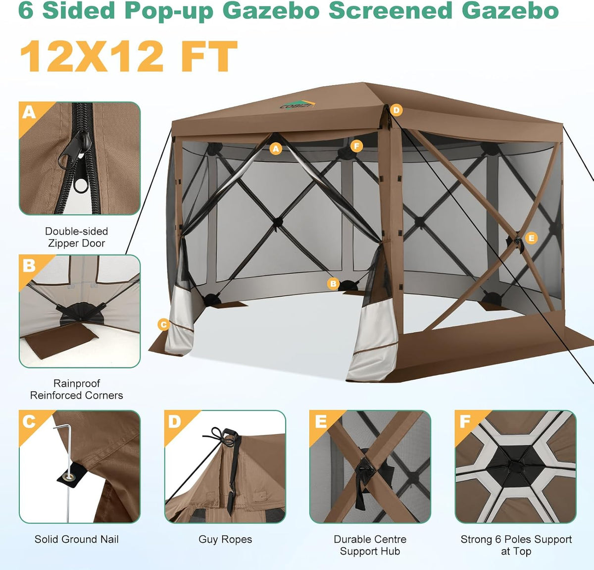 COBIZI 12x12 FT Pop Up Canopy Extendable Tent, Gazebos On Clearance, Screened in Gazebo,Screen Tents Portable carpas para Patio for Outdoor Camping,Backyard, Garden, Brown(Upgraded)