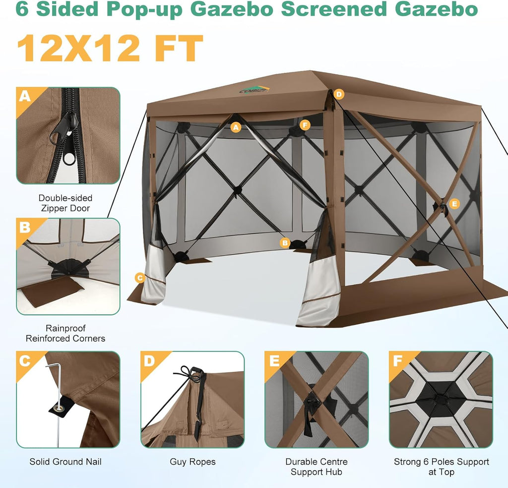 COBIZI 12x12 FT Pop Up Canopy Extendable Tent, Gazebos On Clearance with Removable Roof,Screened in Gazebo,Screen Tents Portable carpas para Patio for Outdoor Camping,Backyard, Garden,Brown(Upgraded)