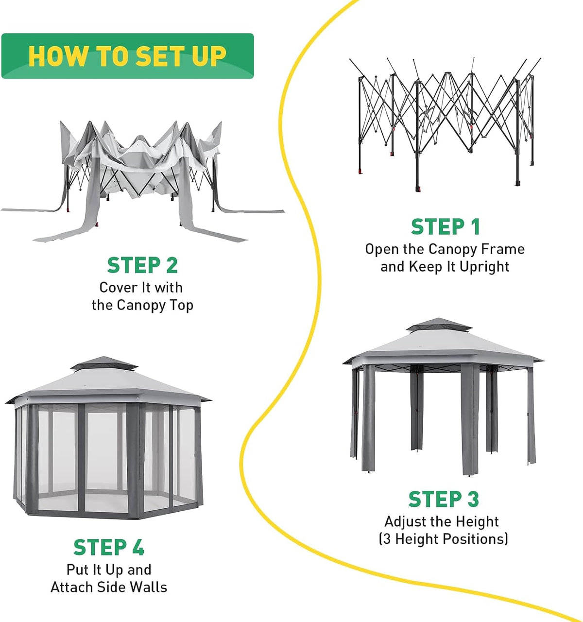 13' x 13' Pop-Up Gazebo, Hexagonal Canopy Shelter with 6 Zippered Mesh Netting, Event Tent with Strong Steel Frame for Backyard, Garden, Lawn, Dark Grey and Light Grey