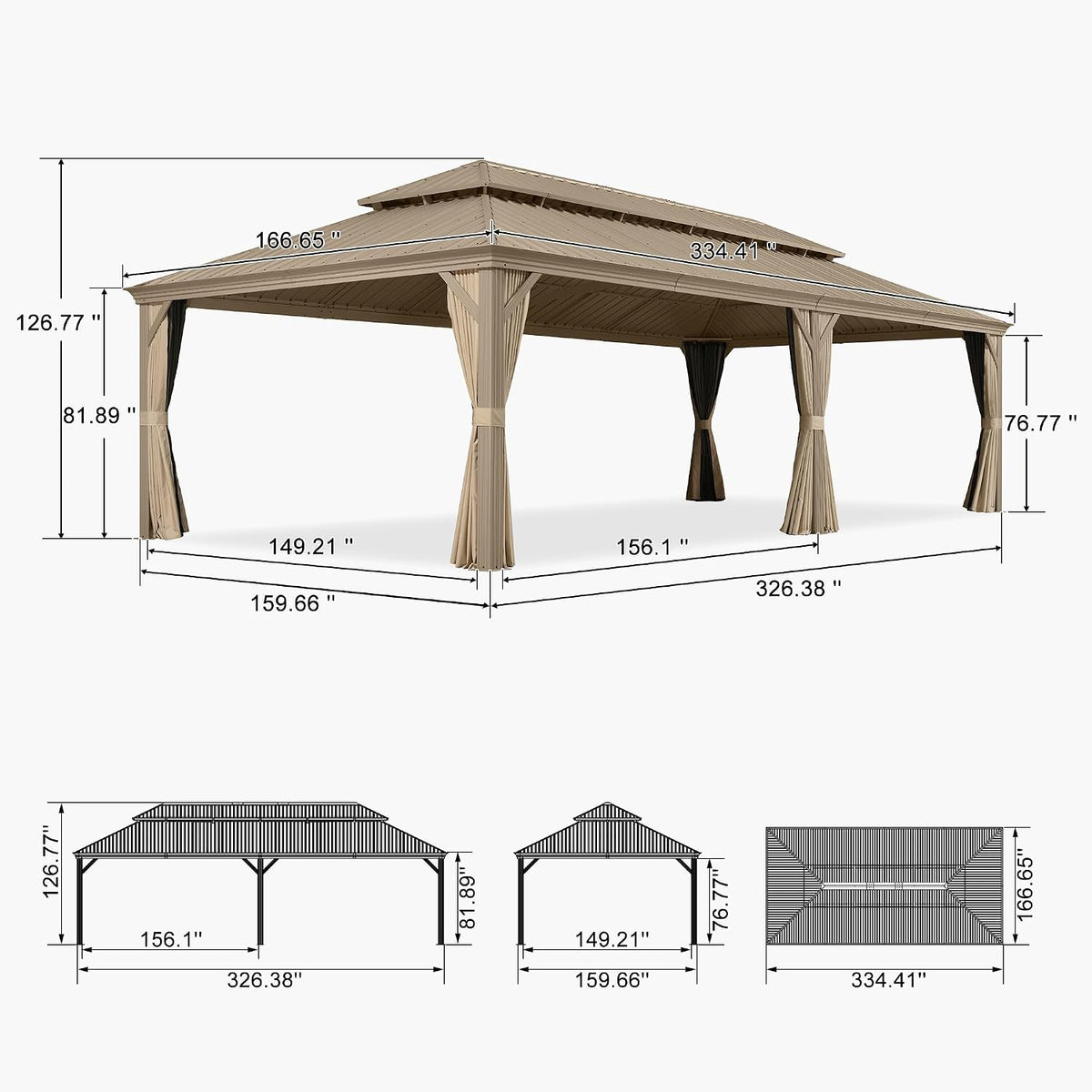 PURPLE LEAF Outdoor Gazebo 14'X28'，Champagne Hardtop Gazebo with Galvanized Steel Double Roof, Permanent Patio Gazebo with Curtains and Netting for Patio Lawn Garden and Deck