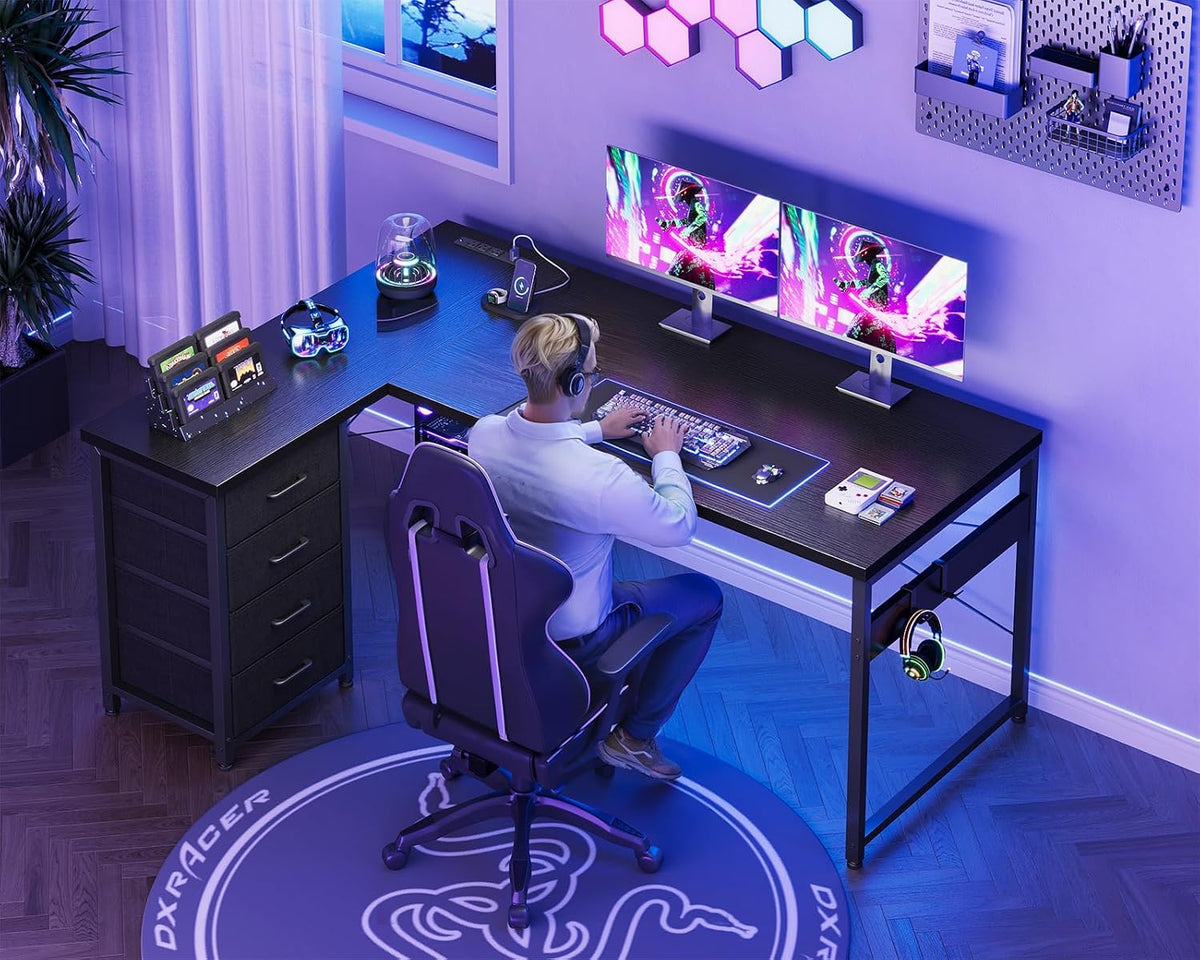 AODK L Shaped Gaming Desk with 4 Drawers, 53' Reversible Home Office Desks with Power Outlets, L Shaped Computer Desk with USB Charging Port and Host Stand, Corner Desk, Easy to Assemble, Black