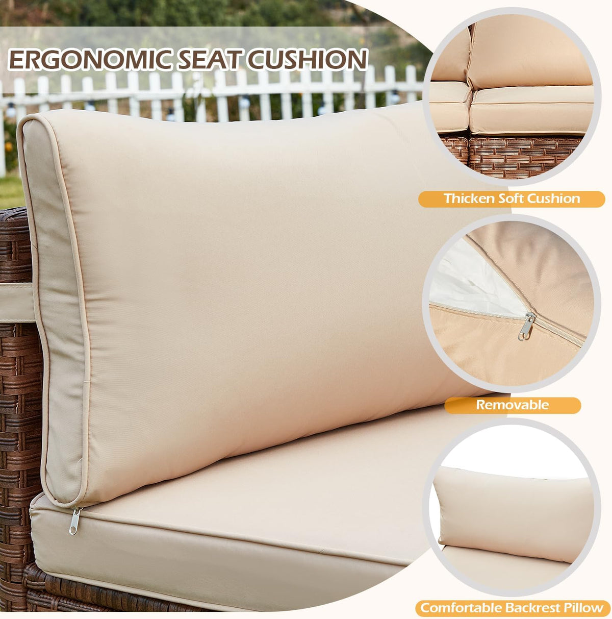 ECOTOUGE Patio Furniture Set, 4 Piece Half-Moon Sectional Round Patio Furniture Set, Wicker Cushion Sofa with 2 Storage Side Table for Pool Backyard Patio Garden(Beige/Brown)