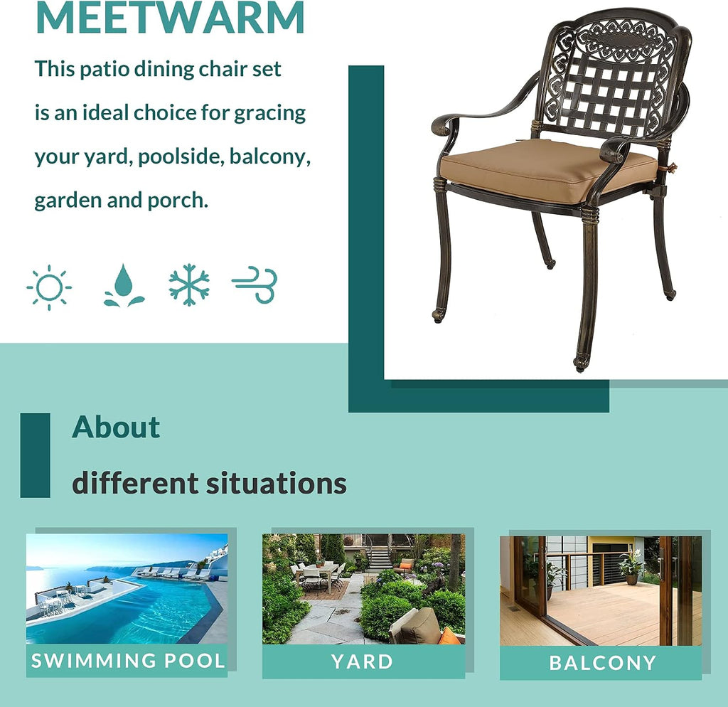 MEETWARM 2 Piece Patio Dining Chairs with Cushions, Outdoor All-Weather Cast Aluminum Chairs, Patio Bistro Dining Chair Set of 2 for Garden Deck Backyard, Dark Bronze