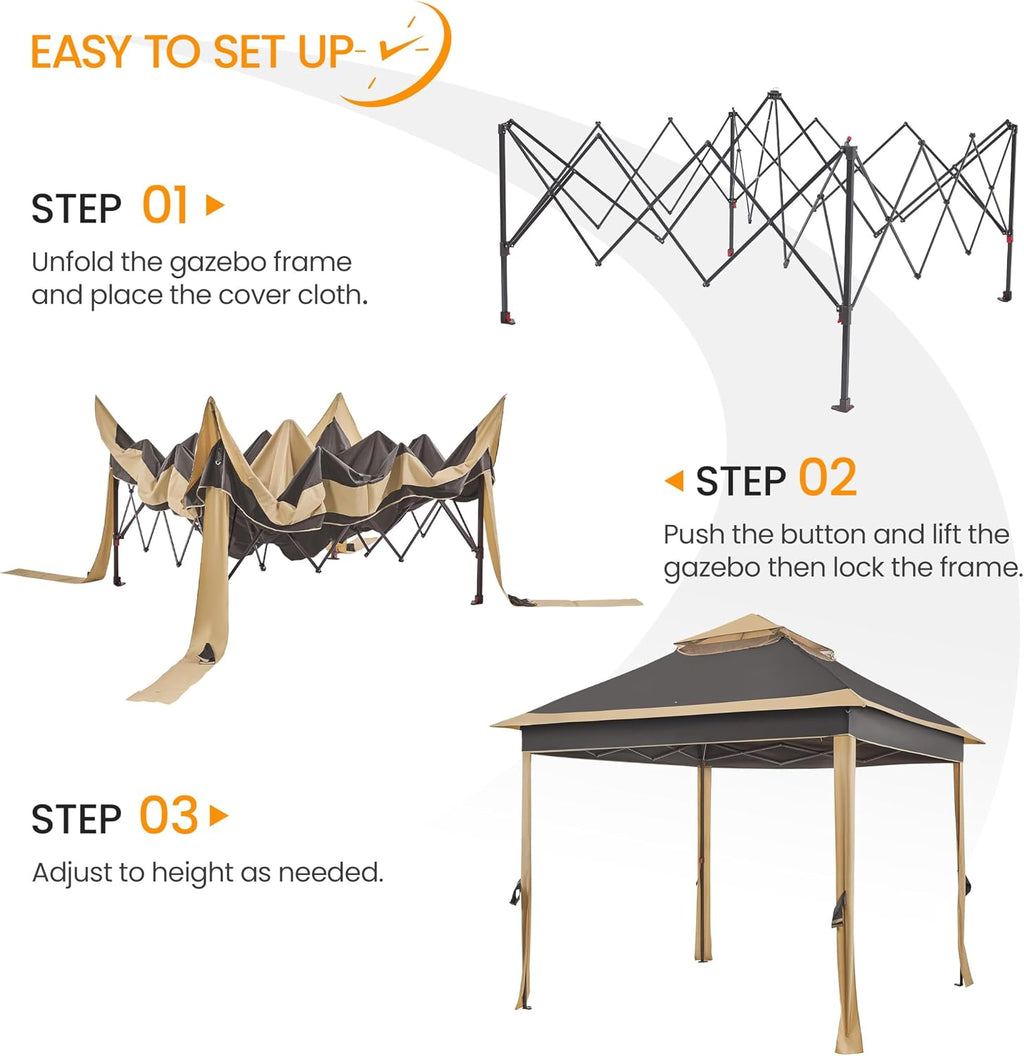 Yaheetech 11x11 Pop Up Gazebo Outdoor Canopy Shelter, Instant Patio Gazebo Sun Shade Canopy Tent with 4 Sandbags, 2 Tiers Roof & Mesh Netting for Lawn, Garden, Backyard & Deck, Brown