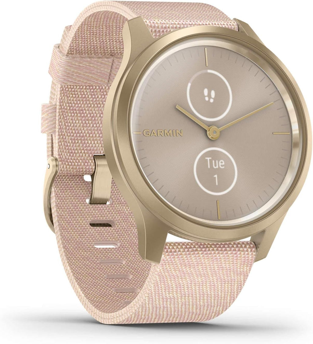 Garmin vivomove Style, Hybrid Smartwatch with Real Watch Hands and Hidden Color Touchscreen Displays, Gold with Pink Woven Nylon Band (Renewed)