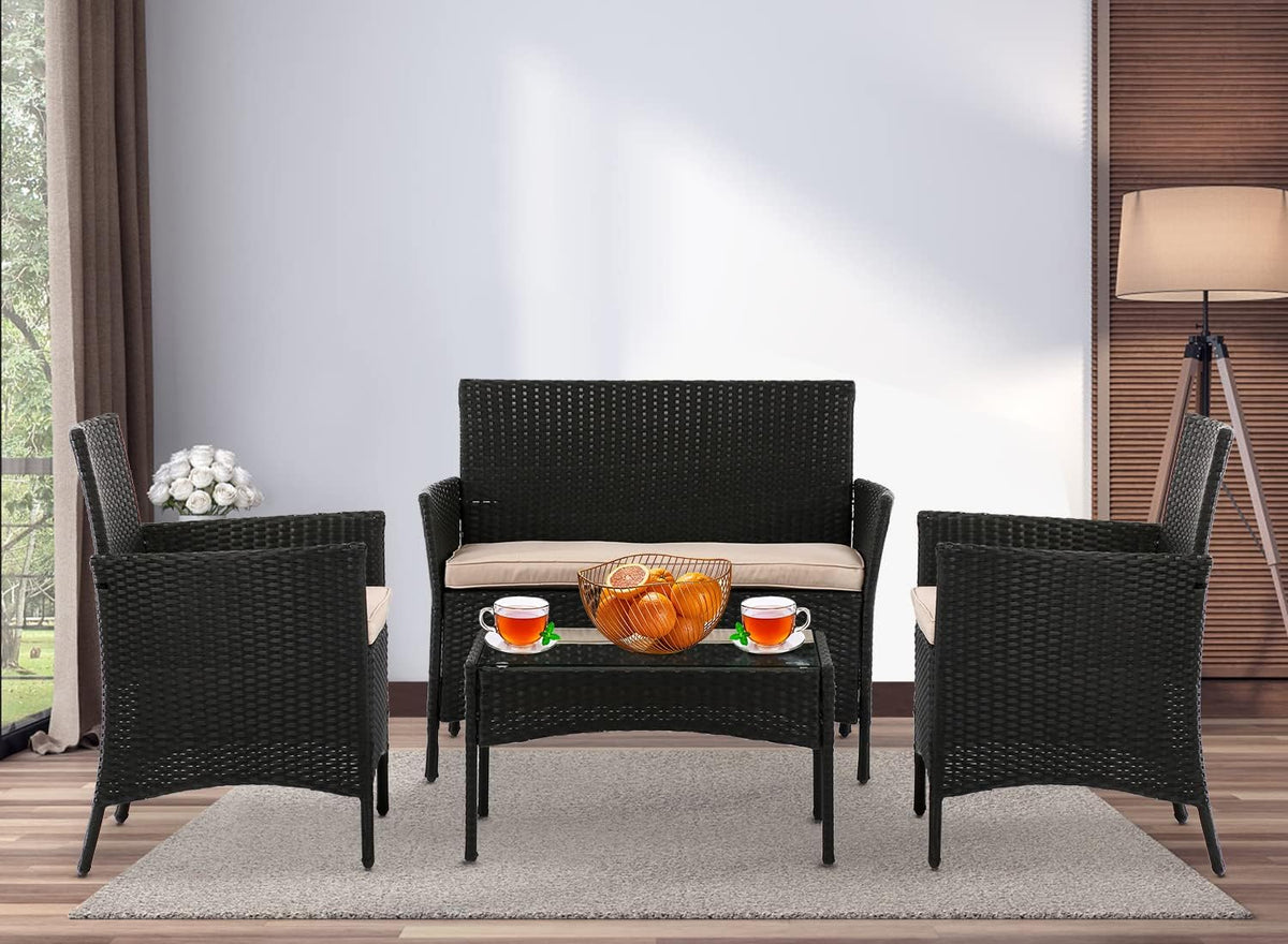 Patio Furniture Set Conversation Chairs, 4 Pieces Wicker Patio Set Outdoor Patio Seating Rattan Patio Sofa with Table for Balcony Backyard Front Porch Decor, Conversation Set with Cushion Seat, Black