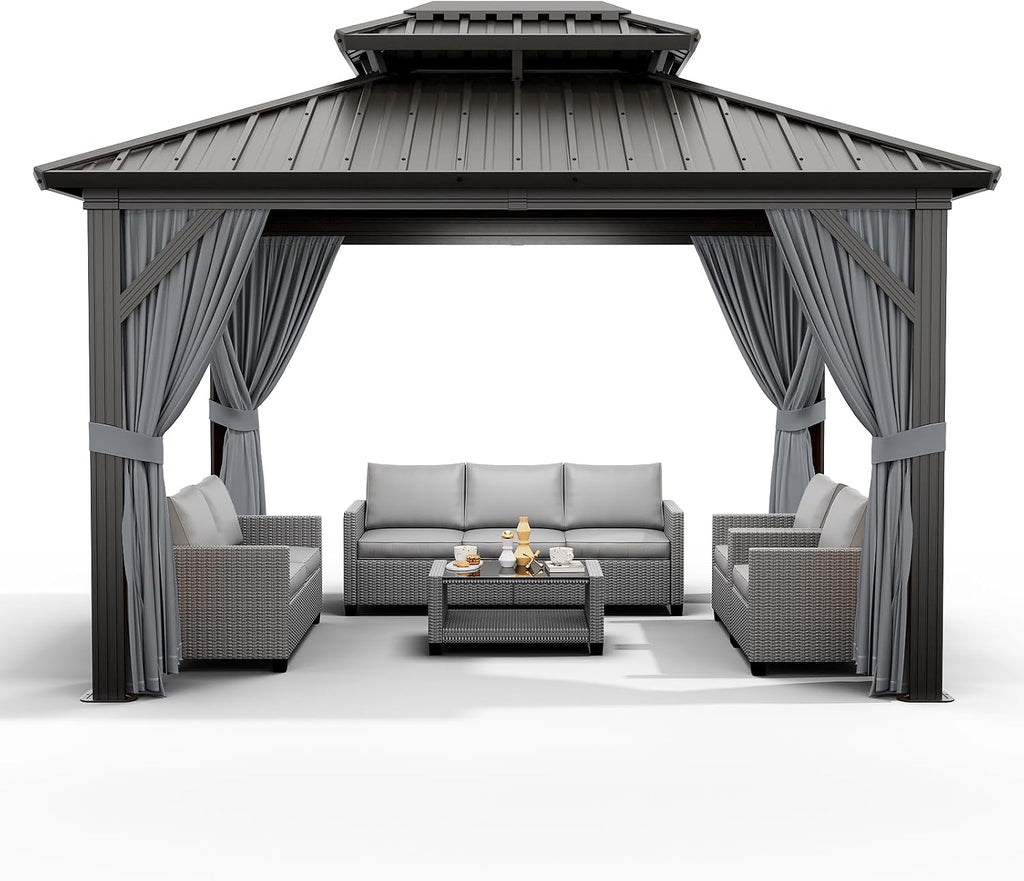 12'x10' Hardtop Gazebo, Heavy Duty Aluminum Permanent Hardtop Gazebo Outdoor Pavilion with Curtains and Netting for Garden