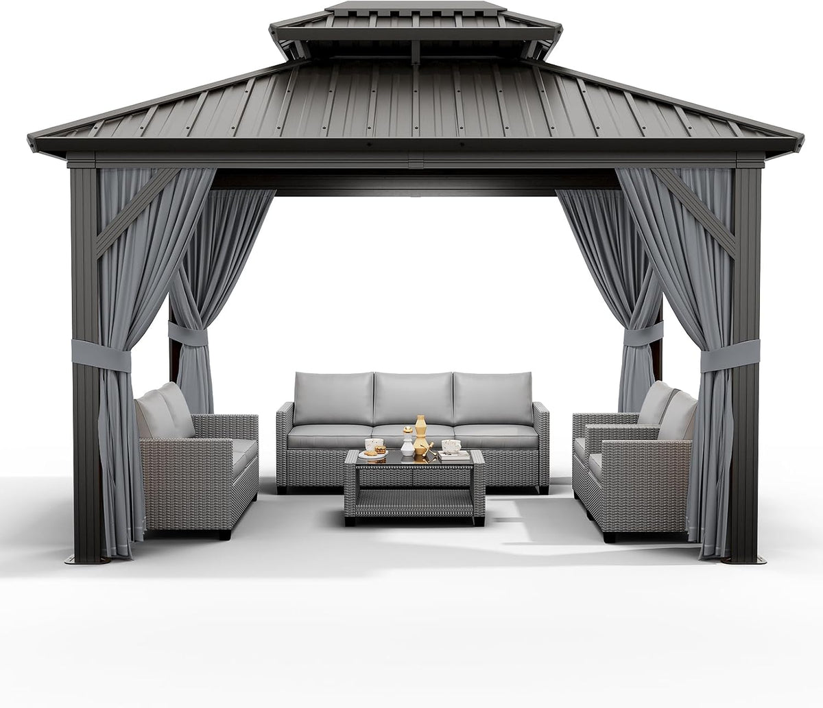 12'x10' Hardtop Gazebo, Heavy Duty Aluminum Permanent Hardtop Gazebo Outdoor Pavilion with Curtains and Netting for Garden