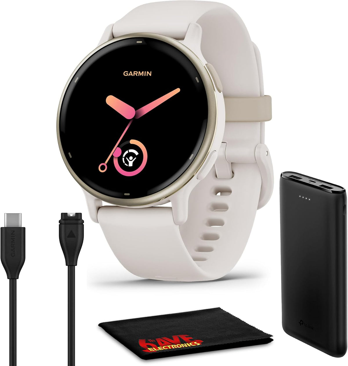 Garmin Vivoactive 5 Health and Fitness GPS Smartwatch for Men and Women with Cream Gold Aluminum Bezel, Ivory Case Silicone Band, 1.2' AMOLED Touchscreen Display, 11 Days Battery Life (Bundle)