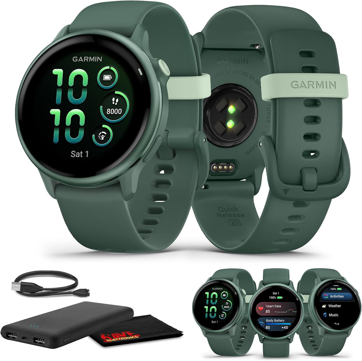 Garmin Vivoactive 6 Fitness GPS Smartwatch AMOLED Display Metallic Jasper Green with Green Band, 11-Day Battery, 80+ Sports Modes, Activity Tracking Smart Features, Music, Contactless Payments Bundle