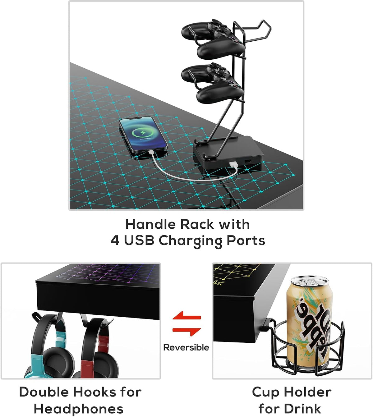 EUREKA ERGONOMIC RGB LED Gaming Desk, Music Sync Lights Up Tempered Glass Desktop, 43' GTG I43 Home Office Computer Table W Controller Rack 4 USB Charging Ports, APP Control