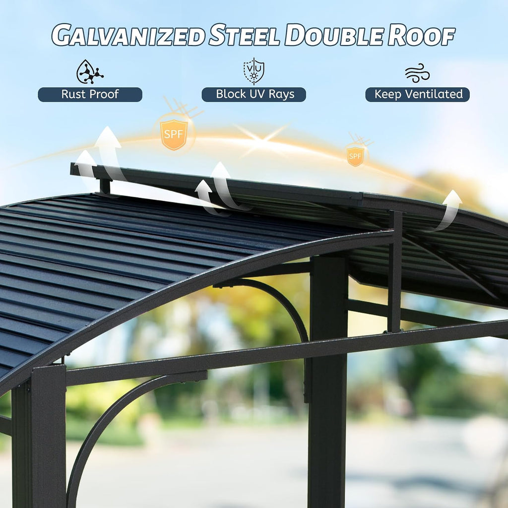 8x5FT Hardtop Grill Gazebo, All-Weather Outdoor Gazebo with 2 Side Shelves and Bottle Opener, Galvanized Steel Double ARC Roof, Outdoor Metal Grill Canopy for Patio, Backyard, Lawn, Deck – Grey