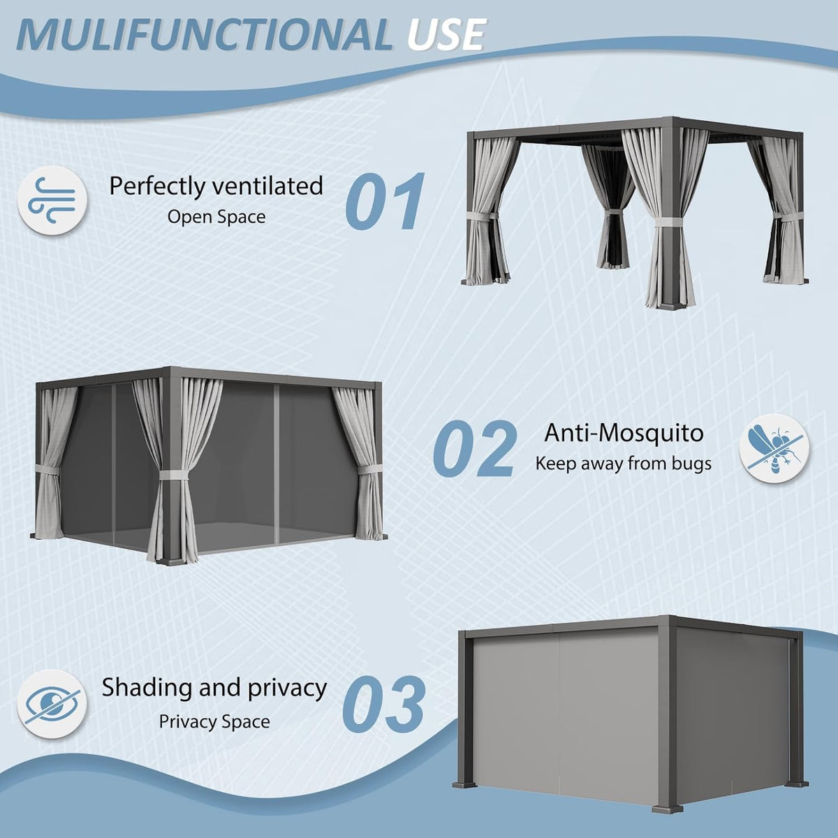 Aoxun Louvered Pergola 12' x 14' Outdoor Aluminum Pergola Adjustable Roof, with Waterproof Curtains and Nets, for Decks, Gardens, Gray