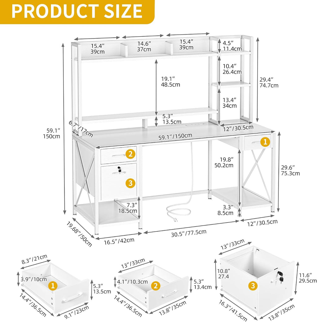 DWVO Computer Desk with Drawers & Hutch, 59.1' Office Desk with Power Outlets & LED Lights, Home Office Desk with Storage Shelves, White