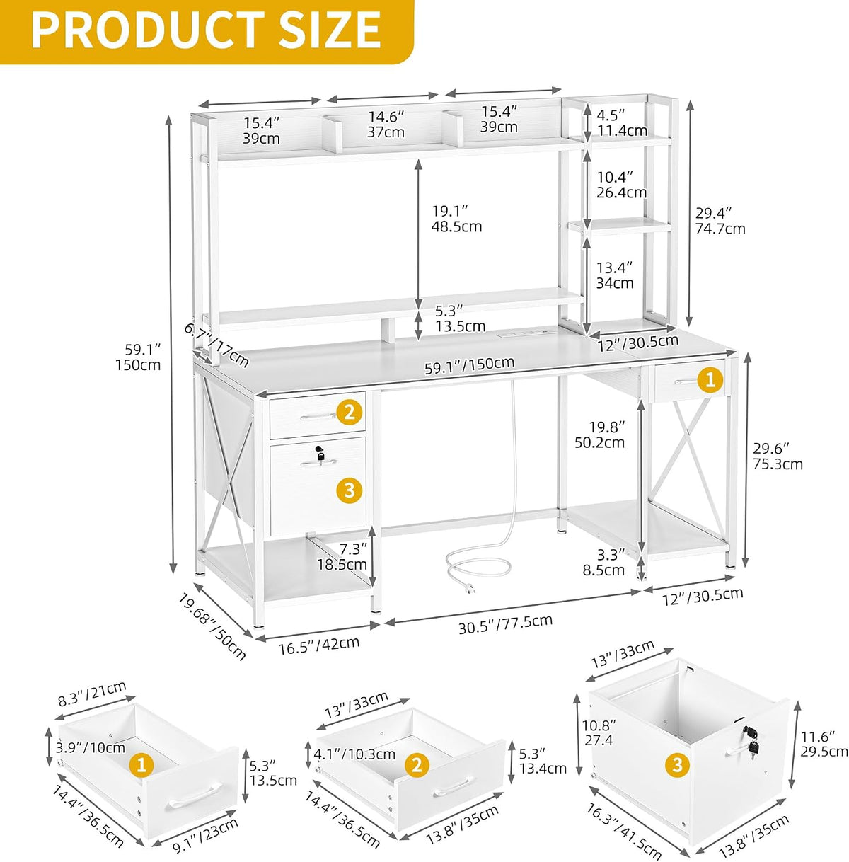 DWVO Computer Desk with Drawers & Hutch, 59.1' Office Desk with Power Outlets & LED Lights, Home Office Desk with Storage Shelves, White
