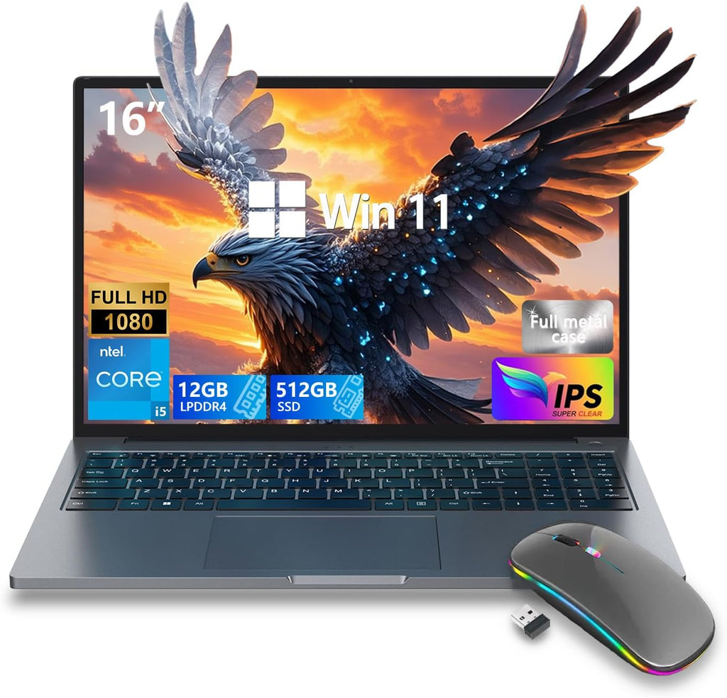 ZOLWAYTAC Gaming Laptop 16' Ultra-Slim-Intel Core i5(Up to 3.5GHz),12GB DDR4+512GB SSD,1920x1200 IPS 16:10 Display,WiF& BT,HDMI/Type-C,Aluminum Body for Working&Playing,Suitable for Light Gaming,Gray
