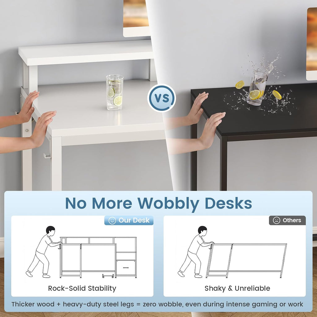 SEDETA 66' L Shaped Desk with Power Outlet, Reversible Home Office Computer Desk with File Drawer & Monitor Shelf, Storage Shelves, LED Lights for Corner Small Spaces, White