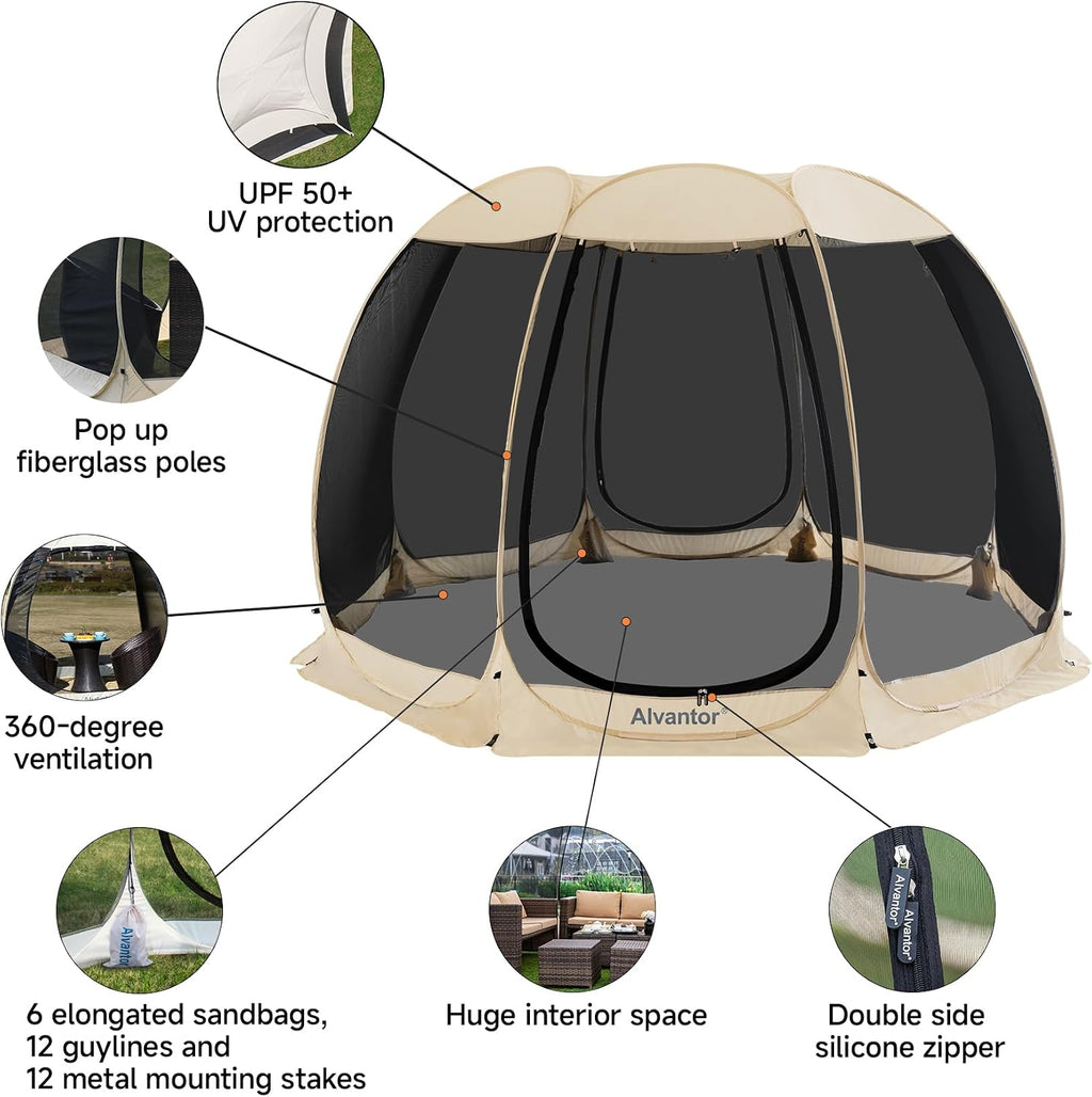 Alvantor® Screen House Room Camping Tent Outdoor Canopy Pop Up Sun Shade Shelter 8 Mesh Walls Not Waterproof Beige 12'x12' Patent Pending
