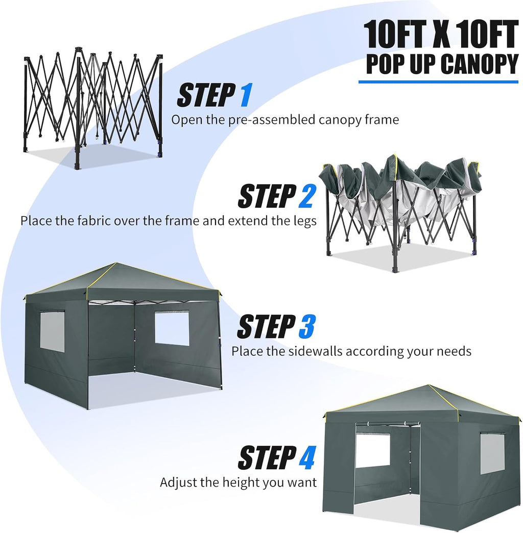 COBIZI 10x10 Pop Up Canopy Tent with 4 Sidewalls and Mesh Windows 2.0, Waterproof Commercial Instant Gazebo Outdoor Tents for Party/Exhibition/Picnic with Carry Bag,4 Stakes & Ropes (Gray)
