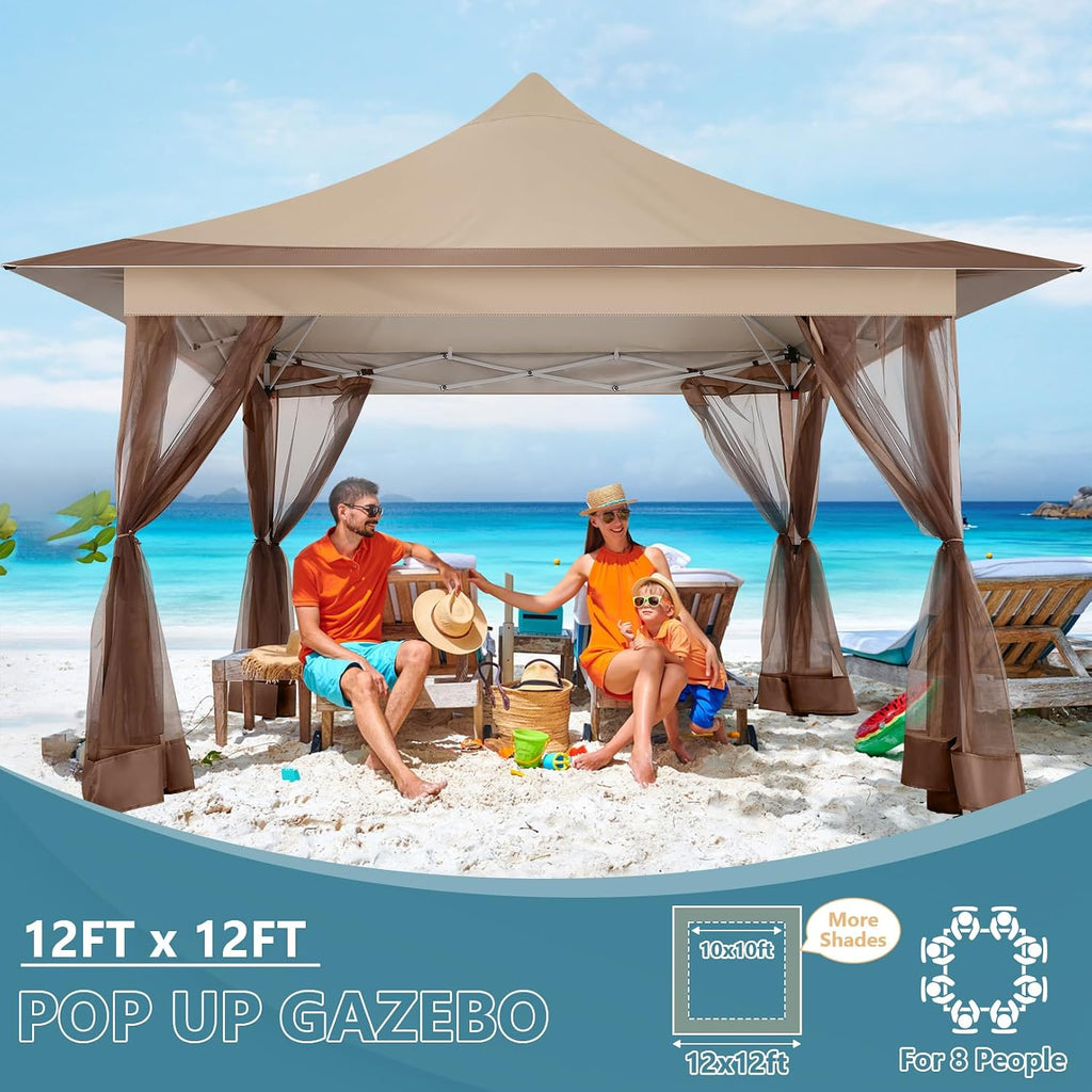 COBIZI 12x12 Pop Up Gazebo On Clearance Canopy Tent Easy Up Outdoor Gazebo Waterproof Upgrade with Mosquito Nettings and Carry Bag for Patio Garden Lawn（Khaki）