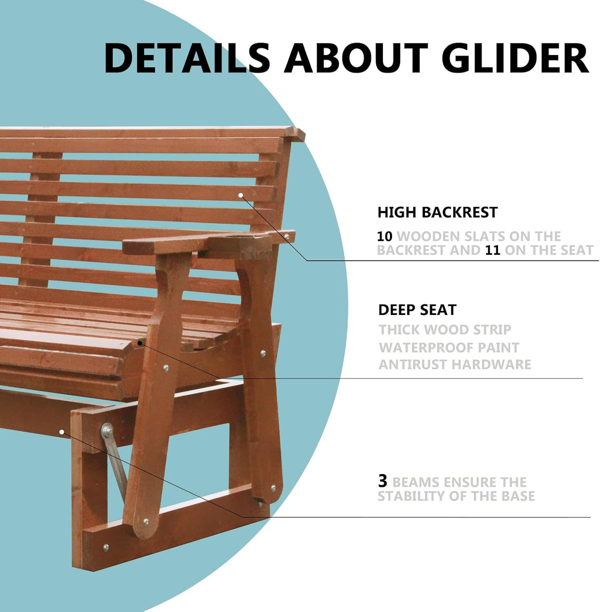 3-Seater Outdoor Glider Chair, 5FT Wood Porch Glider with High Roll Back, Cupholders and Deep Contoured for Porch, Garden, Cedar Brown