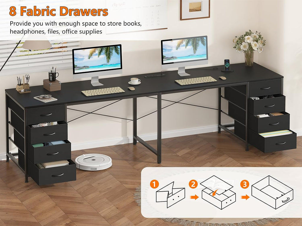 YOMILUVE 95'' Two Person Desk with 8 Drawers, Long Office Desk with Charging Station, 2 Person Desks Double Desk Writing Study Table for Home Office, Black
