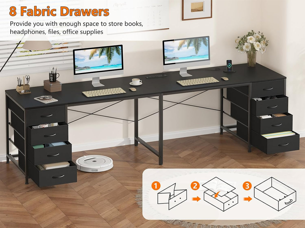 YOMILUVE 95'' Two Person Desk with 8 Drawers, Long Office Desk with Charging Station, 2 Person Desks Double Desk Writing Study Table for Home Office, Black