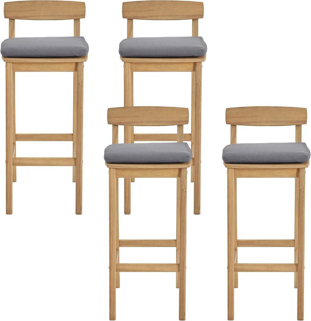 Patio Bar Stools Set of 4, Solid Acacia Wood Patio Barstools with Footrest, 28.5' Counter Height Outdoor Bar Stools, High Top Patio Bar Chairs for Balcony/Deck/Kitchen Island/Bistro, Grey